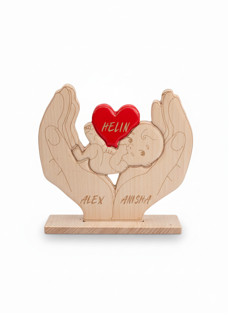 Handcrafted Wooden Baby in Hands with Personalized Heart Keepsake image 2