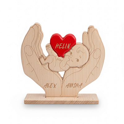 Handcrafted Wooden Baby in Hands with Personalized Heart Keepsake