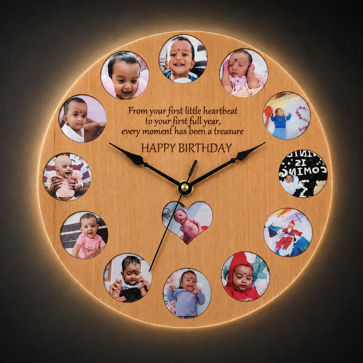 Personalized LED Wooden Wall Clock with Multi-Photo Collage, Custom 1st Birthday Memory Clock, Custom Baby Milestone Gift