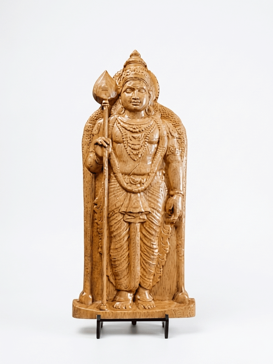 Handcrafted Wooden Lord Murugan Idol with Vel for Home Decor and Puja