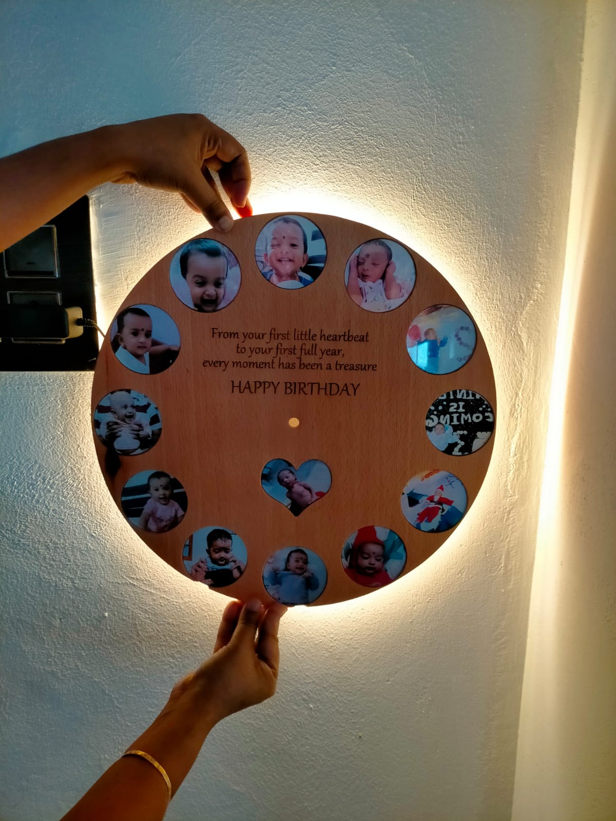 Personalized LED Wooden Wall Clock with Multi-Photo Collage, Custom 1st Birthday Memory Clock, Custom Baby Milestone Gift image 2